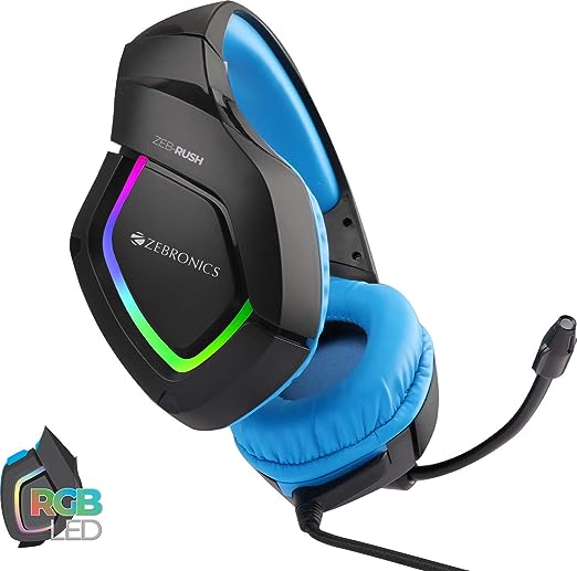 Zebronics Zeb-Rush (Blue) Premium Wired Gaming On Ear Headphone with RGB LEDs, Dual 3.5mm Jack, Converter Pin, Cushion Headband, Volume Controller, Adjustable Mic, 40mm Neodymium Drivers Zebronics Zeb-Rush (Blue) Premium Wired Gaming On Ear Headphone with RGB LEDs, Dual 3.5mm Jack, Converter Pin, Cushion Headband, Volume Controller, Adjustable Mic, 40mm Neodymium Drivers